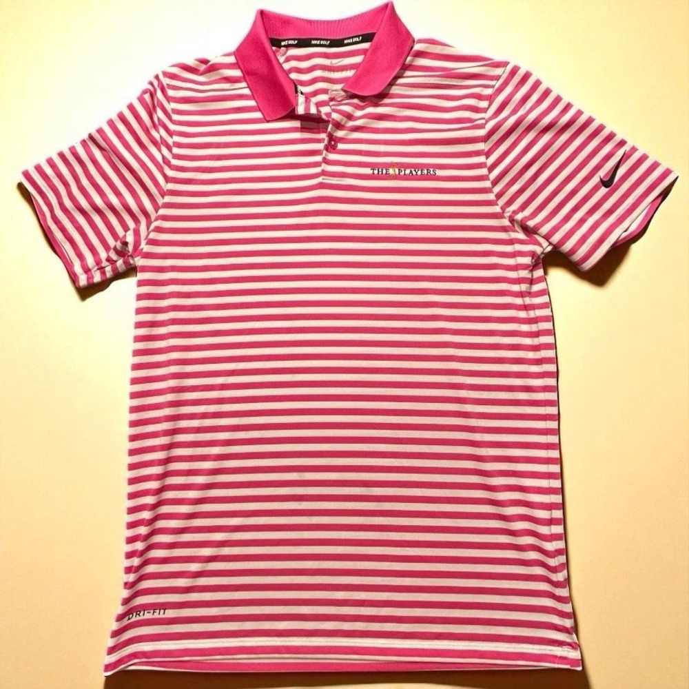 Men's Nike Golf Dri-Fit Polo Sz S TPC Sawgrass THE PLAYERS Pink Stripe Shirt